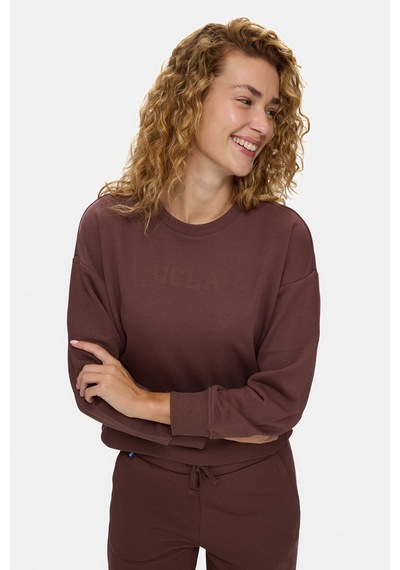 UCLA Clarıce Koyu Kahve Bisiklet Yaka Pamuklu Simli Taş Baskılı Loose Fit Kadın Sweatshirt Koyu Kahverengi