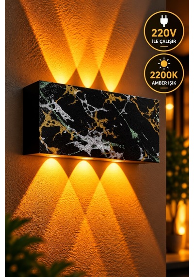 Siyah Gold Gümüş Yeşil Desenli 12w 2200k Amber Işıklı 3 Gözlü Yukarı Aşağı Dekoratif Duvar Apliği 16 Cm Amber Işık