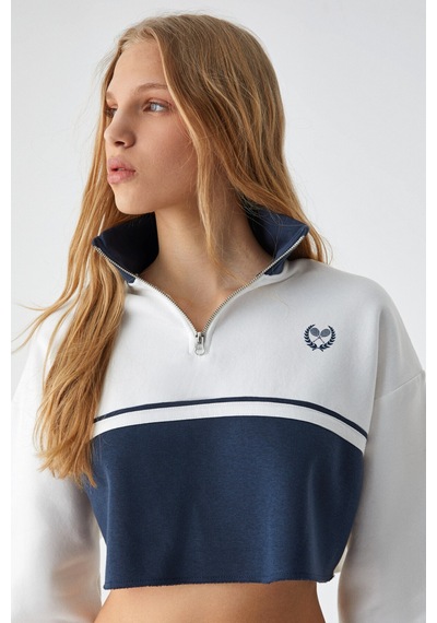 Ethıquet KRUSSEN Kadın Oversize Fermuarlı Uzun Kollu 3 İplik Kısa Beyaz Sweatshirt