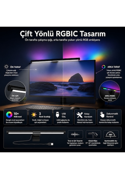 Dokunmatik Rgb Çift Yönlü Monitör Üstü Led Aydınlatma Monitör Işık Çubuğu 40cm