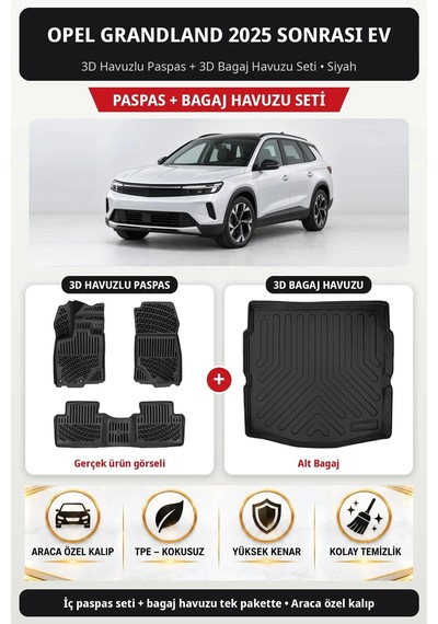Opel Grandland 2025+ Ev Uyumlu Havuzlu Oto Paspas Ve Bagaj Havuzu Takımı Alt Bagaj Siyah