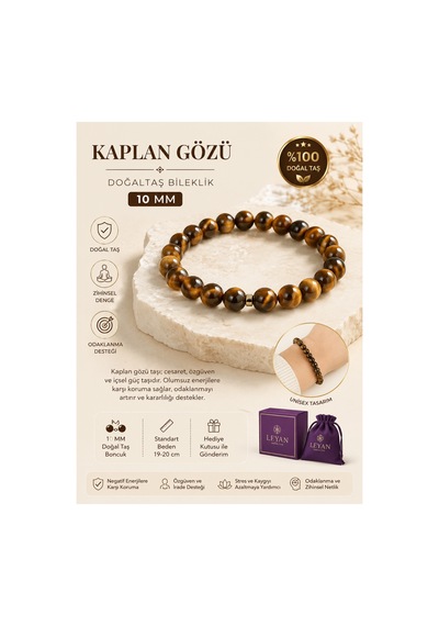 Leyan Doğaltaş 10 Mm Kaplan Gözü Doğal Taş Bileklik Unisex Esnek İpli Bileklik Bej Bej
