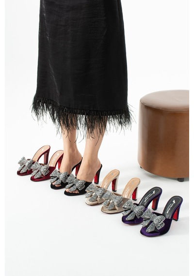 Lebibe Shoes Seravıa Kadın Mor Kadife Taşlı Fiyonklu 9 Cm Topuklu Abiye Terlik