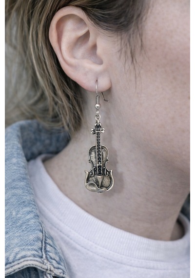 Aria String Keman Figürlü Gümüş Renk Sallantılı Küpe Çok Renkli