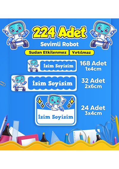 Robot Temalı Okul Kreş Kişiye Özel İsim Etiket Seti - Model 230 Çok Renkli