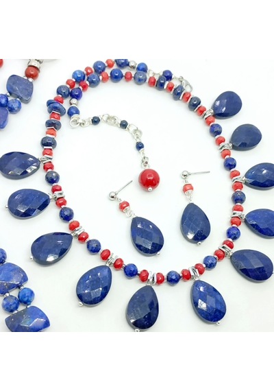 2745 Lapislazuli Mercan Hematit Çelik Aparatlı El Yapımı Kolye Çok renkli