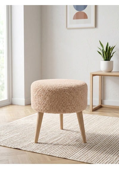 Cappucino Welsoft Kumaş Yuvarlak Puf Ahşap Ayaklı Demonte Modern Puf Tabure 40x42 Cm Cappuccino