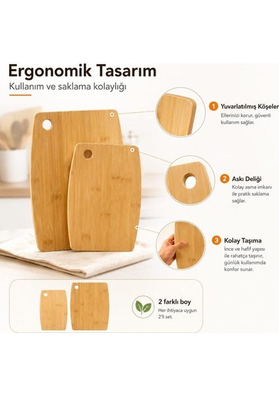 Bambu Kesme Tahtası 2'li Set - Doğal Ahşap Kesme Ve Sunum Tahtası - Büyük Küçük Boy - Bıçak Dostu Yüzey - As Diğer