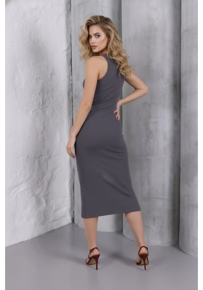 Defymoda Kadın Gri Halter Yaka Yırtmaçlı Pamuklu Fitilli Likralı Kaşkorse Slim Fit Midi Elbise Gri