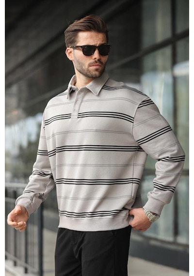 Madmext Boyalı Gri Çizgili Polo Yaka Erkek Sweatshirt E7172 Gri