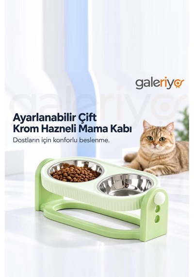Ayarlanabilir Çift Krom Hazneli Mama Kabı Yeşil Yesıl