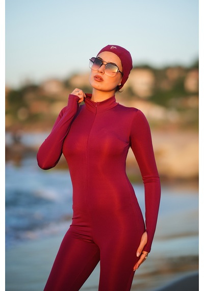 Gugus Kadın Havuz/deniz/plaj Uzun Önden Fermuar Detaylı Boneli Mayo Tulum Bordo