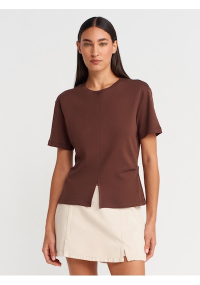 Dilvin 31874 Yırtmaç Detaylı T-shirt-açık Kahve Açık Kahve