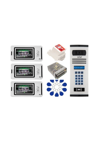 3 Daire Nts 2001-b 4,3'' Görüntülü Diafon Beyaz-8004 Tuş Takımlı Şifreli+geçişli Zil Panelli Set