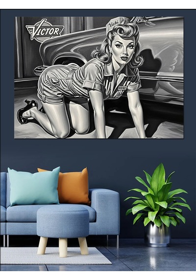 Mini Elbiseli Tamirci Pin Up Kadın Dekoratif Kanvas - Mdf Ahşap Tablo