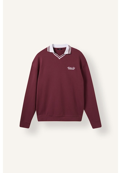 Defacto Boxy Fit Çizgili Polo Yaka Baskılı Waffle Sweatshirt H8778ax26aubr170 Bordo-br170
