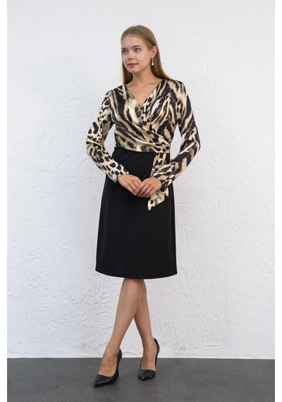 Livanomi Üstü Leopar Desen Elbise-siyah