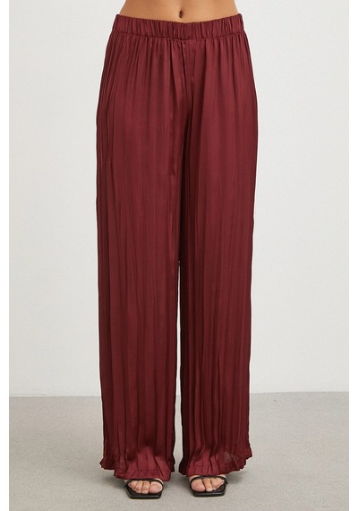 Uterpe Mürdüm Pliseli Saten Pantolon Bordo