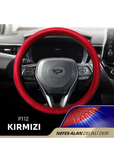 Panda Oto Direksiyon Kılıfı - Delikli Deri-kırmızı