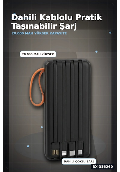 20000 Mah Powerbank Dahili Çoklu Kablolu Ve Dijital Göstergeli Taşınabilir Şarj Cihazı Bx-316260 Çok Renkli