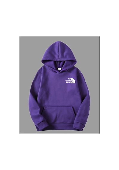 Herkesemoda Göğüs Baskı Yazı Detaylı İçi Polarlı Kapüşonlu Sweatshirt Mor