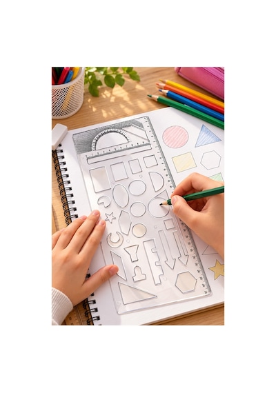 Şekilli Cetvel Büyük Boy 1 Adet 25 Şekil 29 Cm Cetvelli Teknik Çizim Şablonu Cetveli Okul Mühendis Mimar Çok Renkli