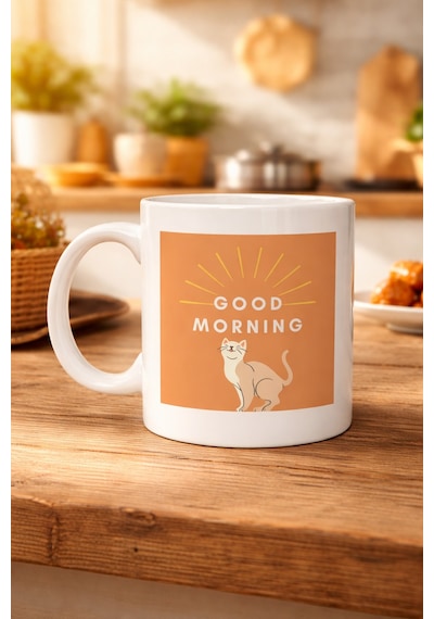 Good Morning Kedi Desenli Porselen Kupa Model 72 Sevimli Kedi Figürlü, Kahve & Çay Kupası, Hediyelik Porselen Bardak