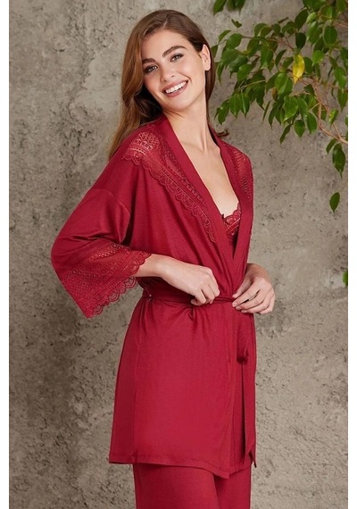 Pierre Cardin 2820 Kadın Bordo Dantelli Penye 3'lü Sabahlıklı Pijama Takım Bordo