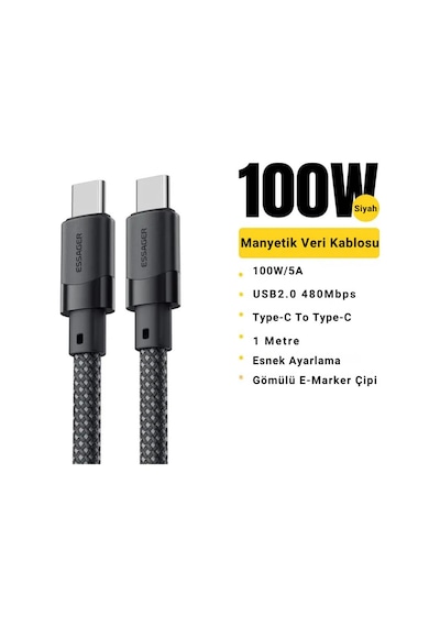 Essager 1 Metre Pd 100w Manyetik Süper Hızlı Type C To Type C Şarj Data Kablosu, Akım, Isı Korumalı