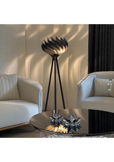Tr Modern Ahşap Tripod Lambader Dekoratif Salon Köşe Lambası Siyah Diğer