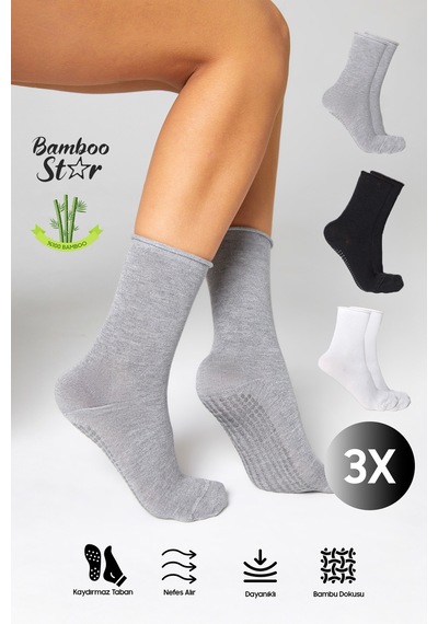 Bamboo Star Bambu Kaydırmaz Taban Silikon Baskı Umre Tavaf Umre Hamile Yoga Pilates Lastiksiz Çorap 3'lü Siyah - Beyaz - Gri