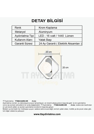 Tt069-kare-kr Tt Aydınlatma Toplu Krom Kaplama 3 Renk Ledli Aplik Krom
