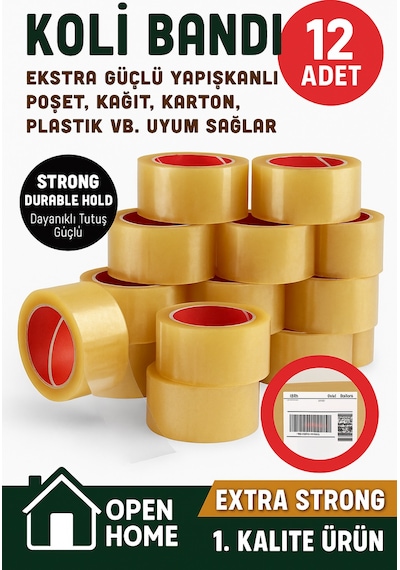12 Adet-100 Metre Şeffaf Koli Bandı Extra Strong 40 Micron Kalınlık, Güçlü Yapışkan Diğer
