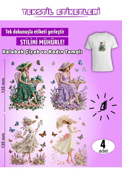 Ütü İle Yapışan Kıyafet Etiketi Kelebek Çiçek Ve Kadın Temalı 4lü Set Karışık