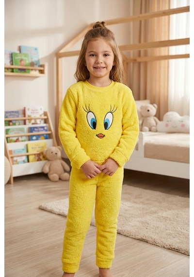 Beniizle Nakışlı Unisex Çocuk Peluş Alt Üst Takım Sarı