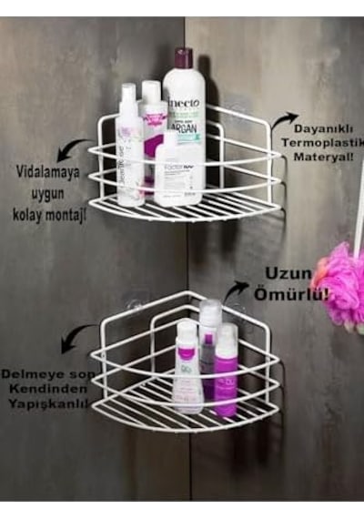 Yapışkanlı Banyo Köşeliği Düzenleyici Şampuanlık Duş Rafı 2 Adet Beyaz Paslanmaz Çelik Diğer