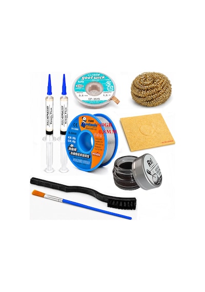 Lehimleme Seti 0,8 Mm 40 Gr Lehim Teli 2 Li Flux Cp-3515 Lehim Fitili Fırça Ve Havya Ucu Temizleme Seti St04