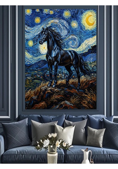 Van Gogh Tarzı Siyah At Yıldızlı Gece Dekoratif Kanvas - Mdf Ahşap Tablo Çok Renkli