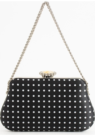 Lebibe Shoes Polkıa Siyah Saten Kumaş Puantiye Desenli Zincir Askılı Klips Kapamalı Clutch Çanta