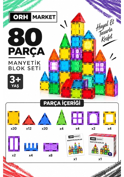 80 Parça 7.5 Cm Büyük Boy Manyetik Blok Seti Güçlü Mıknatıslı Zeka Geliştirici Eğitici Oyuncak