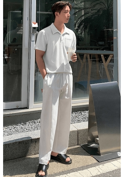 Genius Store Erkek Oversize Polo Yaka Waffle T-shirt Poloyaka-düğmeli Beyaz