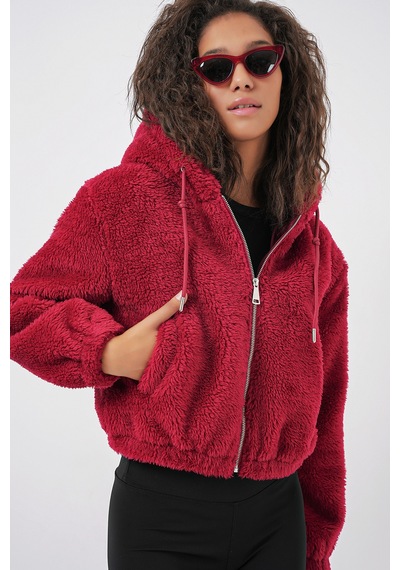 Bigdart 5193 Kapüşonlu Peluş Crop Ceket - Bordo