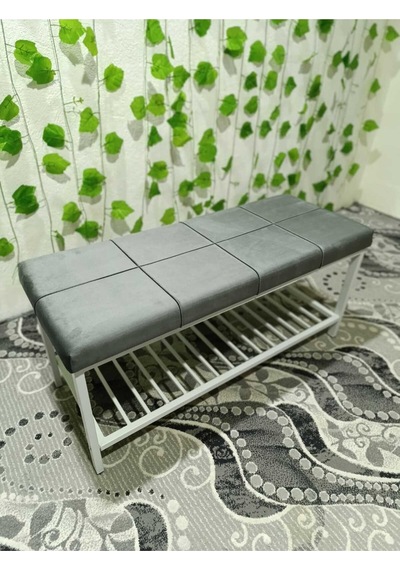 Özcan Metal Beyaz Metal Ayaklı Raflı Bench Puf Bank Antre Mutfak Salon Yatak Odası Puf Bank 105 40 Gri