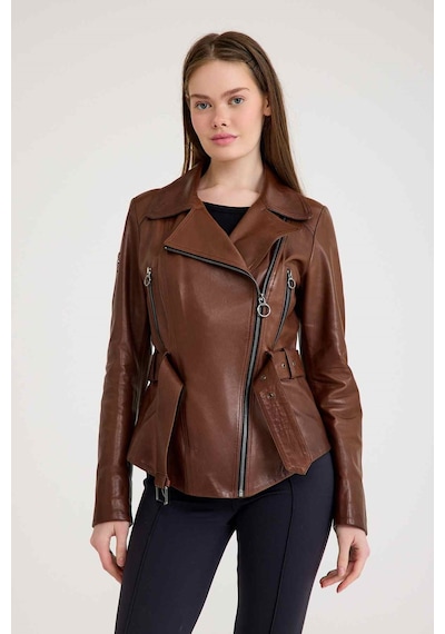 Regular Biker Bayan Deri Ceket Vb-7 Bk-1653 - 20303 Kahverengi