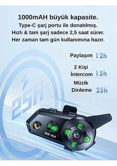 D2-6x 1000m Mesafeli 6 Kanallı İntercom Bluetooth Motosiklet Kask Kulaklığı İntercom Kulaklık Najmaddin
