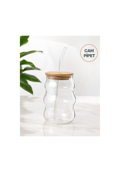 Bambu Kapaklı Cam Pipetli Borosilikat Bombeli Cam Bardak 13 Cm Şeffaf İçecek Bardağı Şeffaf