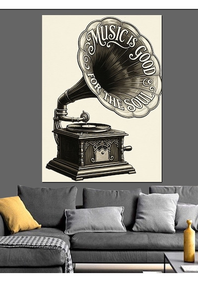 Ahşap Tablo Siyah Beyaz Vintage Gramafon