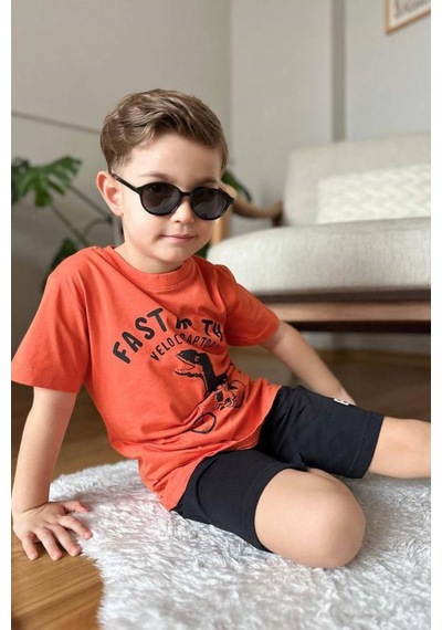 Riccotarz Erkek Çocuk Dinazor Ve Bisiklet Baskılı Turuncu T-shirt Penye Şortlu Takım Turuncu