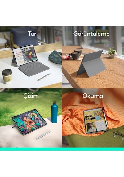Logitech Combo Touch 11 İnç Apple Uyumlu iPad  Air M2 İle Türkçe Klavyeli Tablet Kılıfı - Gri
