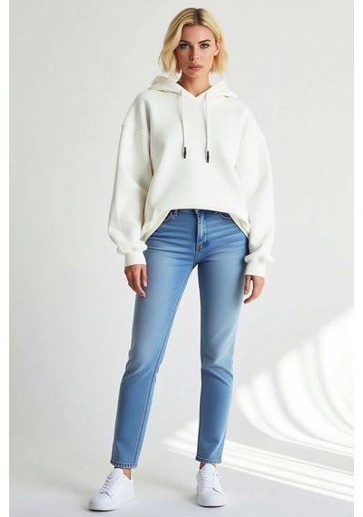 Ersefa Kadın Kapşonlu Üç İplik Penye Basic Sweatshirt Kordonlu Kanguru C beyaz